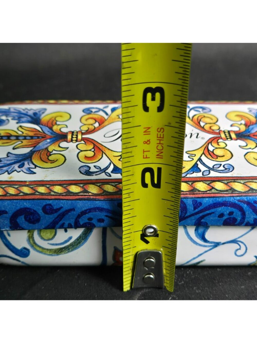 Brighton Sunglass Case Eyeglass Hinged Tin Box Scroll Floral Blue White 6" - Picture 9 of 10
